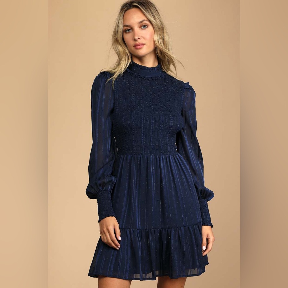 Lulu’s Navy Striped Smocked Long Sleeve Mini Dress, large